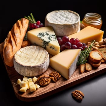 Artfully arranged selection of cheeses paired with fresh baguette slices and rich butter perfect for sharing and enjoying together.