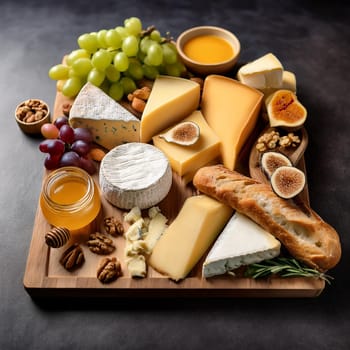 Artfully arranged selection of cheeses paired with fresh baguette slices and rich butter perfect for sharing and enjoying together.