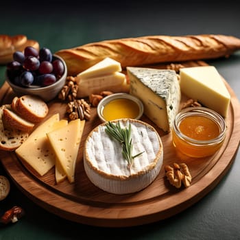 Artfully arranged selection of cheeses paired with fresh baguette slices and rich butter perfect for sharing and enjoying together.