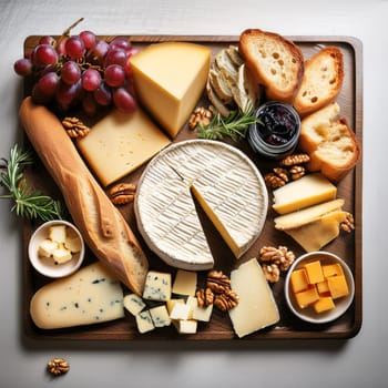 Artfully arranged selection of cheeses paired with fresh baguette slices and rich butter perfect for sharing and enjoying together.