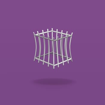 Cartoon Empty Iron Cage on Flat Purple Background with Shadow 3D Illustration