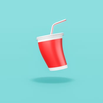 One Funny Red Fast Food Drinking Cup with Straw on Flat Blue Background with Shadow 3D Illustration