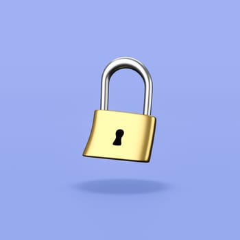 Cartoon Locked Metallic Padlock Isolated on Flat Blue Background with Shadow 3D Illustration