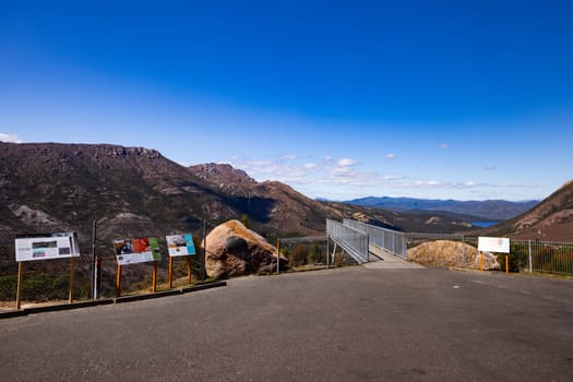 The view of Iron Blow Lookout on a hot summer's afternoon in Queenstown, Tasmania, Australia