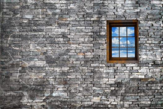 The 3d rendering of window with nice view in brick wall