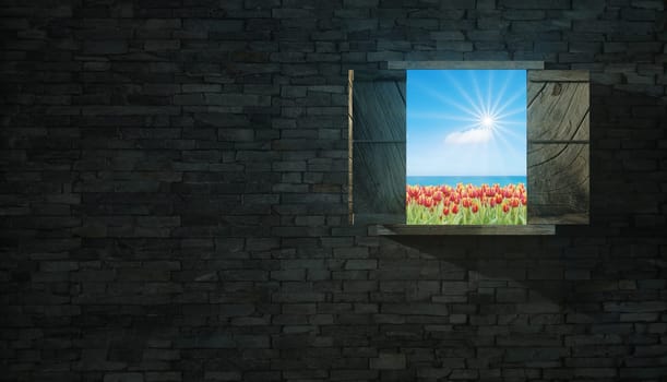 The 3d rendering of window with nice view in brick wall