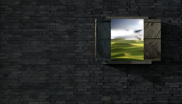 The 3d rendering of window with nice view in brick wall