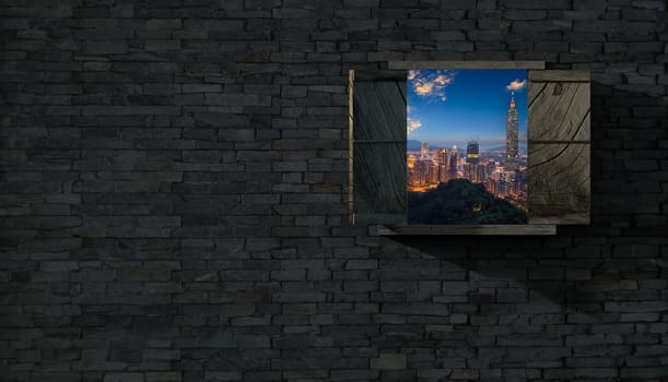 The 3d rendering of window with nice view in brick wall