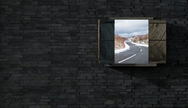 The 3d rendering of window with nice view in brick wall