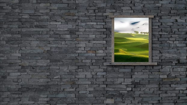 The 3d rendering of window with nice view in brick wall