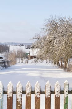Small old village in Belarus. Winter morning in the village. Vertical image