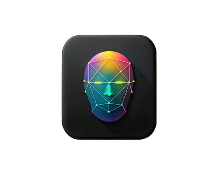 A futuristic iridescent icon representing facial recognition technology, featuring a geometric face pattern, isolated on white background, symbolizing AI, security, and innovation.