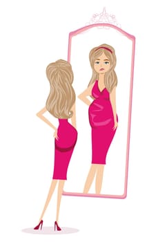 unhappy girl is looking at herself in the mirror