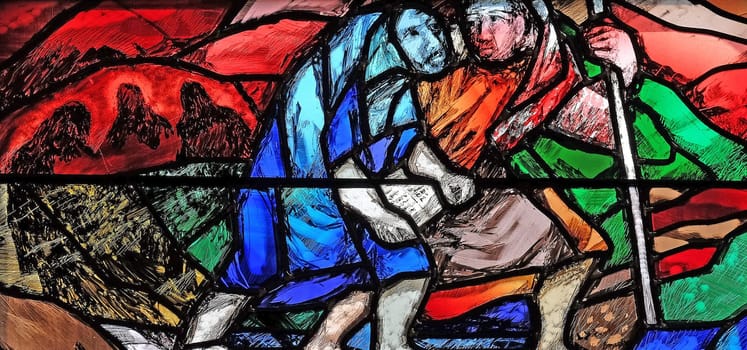 God’s promise gives men courage and hope in the path of their lives and salvation, detail of stained glass window by Sieger Koder in St. John church in Piflas, Germany