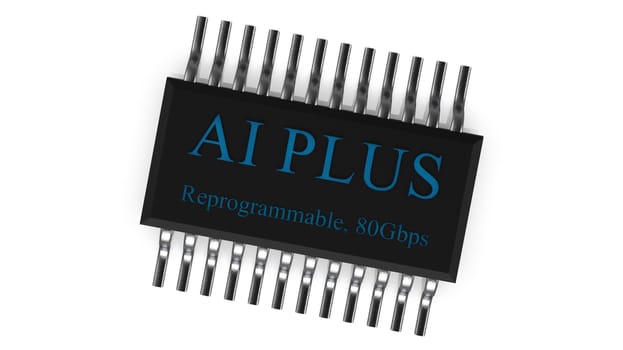 The 3d rendering of AI PLUS with Digital Brain is learning processing big data, analysis information