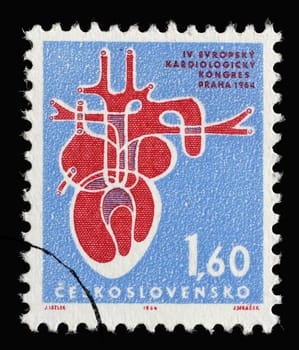 Stamp printed in Czechoslovakia shows  4th European Congress of Cardiology in Prague, human heart, circa 1964