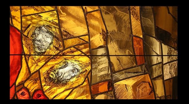 View the elements of life, detail of stained glass window by Sieger Koder in Benediktbeuern Abbey, Germany