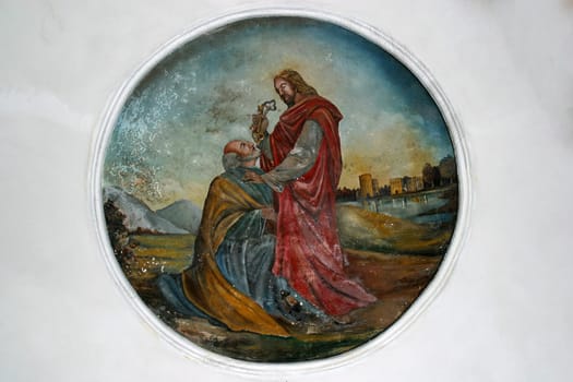 Jesus give Peter the keys of the kingdom of heaven, fresco in the parish church of St. Catherine of Alexandria in Dapci, Croatia