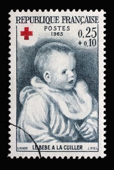 Stamp printed in the France shows Baby on the spoon, Painting by Auguste Renoir, Series: Red Cross, circa 1965