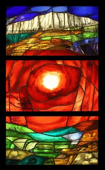 View the elements of life, detail of stained glass window by Sieger Koder in Benediktbeuern Abbey, Germany