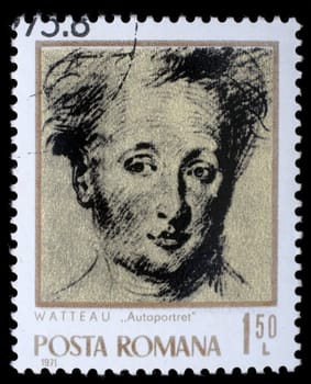 Stamp printed by Romania shows image self-portrait of famous French painter Jean-Antoine Watteau better known as Antoine Watteau, circa 1971