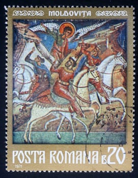Stamp printed in the Romania, shows a fresco of St. George, Moldovita Monastery, circa 1971