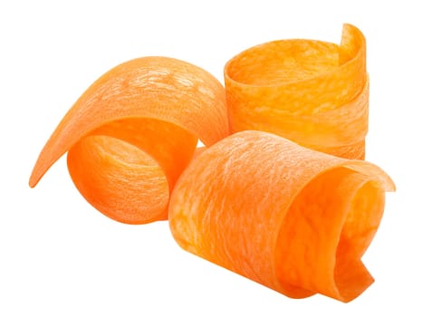 Carrot curled shavings or slices rolled up, isolated