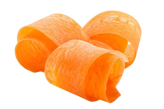 Carrot curled shavings or slices rolled up, isolated