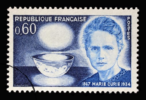 Stamp printed in the France shows Marie Sklodowska Curie (1867-1934), bowl glowing with radium, physicist and chemist, 1967