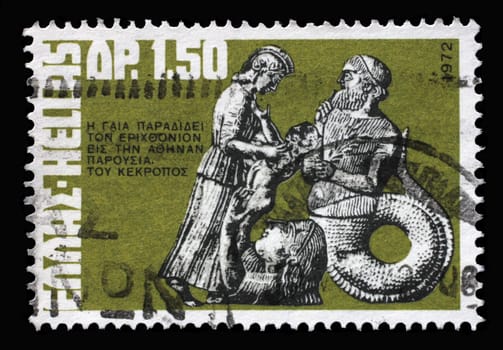 Stamp printed by Greece, shows Gaia, Athena and Kekrops, Greek Mythology series, circa 1972