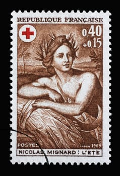 Stamp printed in the France shows Summer, Painting by Nicolas Mignard, Series: Red Cross, circa 1969