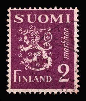 Stamp printed in the Finland shows Crowned Lion Rampant, Coat of Arms of the Republic of Finland, Hammarsten-Jansson Design, circa 1930