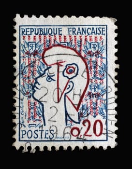 Stamp printed in the France shows Marianne by Jean Cocteau, circa 1961.
