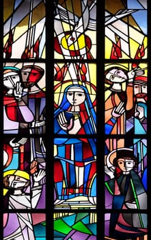 Pentecost stained glass window in the Saint Lawrence church in Kleinostheim, Germany