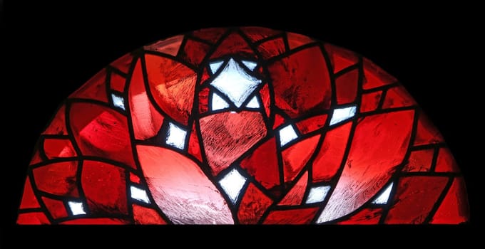 Birth of Jesus, Christmas, detail of stained glass window by Sieger Koder in St. James church in Hohenberg, Germany