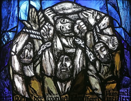 First Easter night, detail of stained glass window by Sieger Koder in St. James church in Hohenberg, Germany