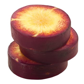 Purple Haze carrot (Daucus carota var. sativus) stacked slices, isolated