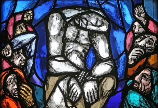 My God, My God, detail of stained glass window by Sieger Koder in St. James church in Hohenberg, Germany