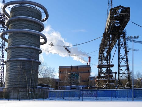 huge cascade transformers with industrial tesla coils, electrical substations
