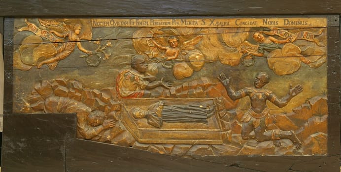 The death of Saint Francis Xavier, Our Lady's Altar in Franciscan church of St. Francis Xavier in Zagreb, Croatia