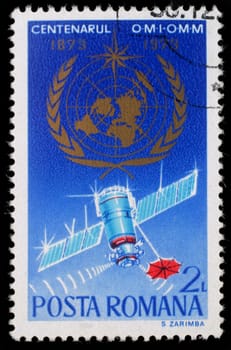 Stamp printed in Romania shows The 100th Anniversary of the World Meteorological Organization, circa 1973.