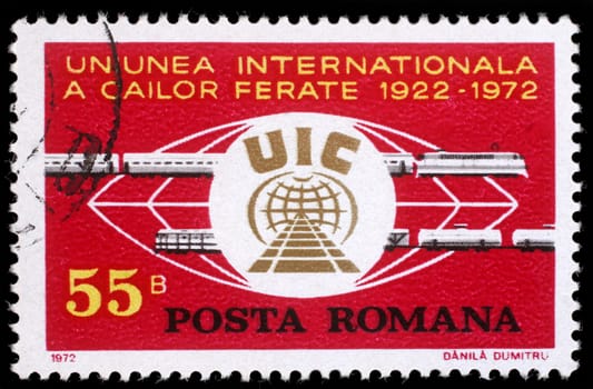 Stamp printed in Romania shows 50 years of International Railroad Union, circa 1972.
