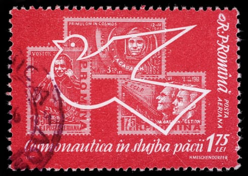 Stamp printed in Romania shows Peace dove with stamps, Space Exploring, circa 1962.