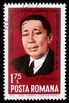 Stamp printed in Romania shows Nicolae Titulescu (1882-1941) diplomat, government minister, finance and foreign minister, and for two terms President of the General Assembly of the League of Nations, circa 1972.