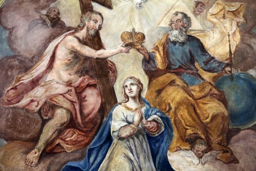 Coronation of the Virgin Mary, fresco on the ceiling of the Church of Our Lady of Sorrows in Rosenberg, Germany