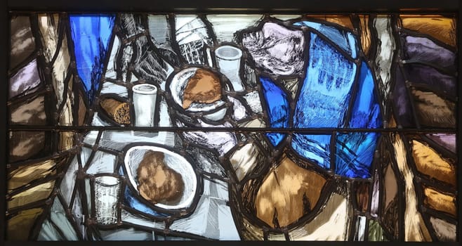 Spirit of God awakens a new life, both dead and alive, detail of stained glass window by Sieger Koder in church of Saint John in Piflas, Germany