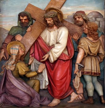 Veronica wipes the face of Jesus, 6th Stations of the Cross, the parish church of St. Peter and Paul in Oberstaufen, Germany