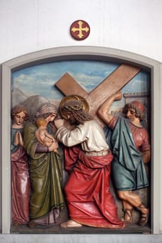 Jesus meets the daughters of Jerusalem, 8th Stations of the Cross, the parish church of St. Peter and Paul in Oberstaufen, Germany