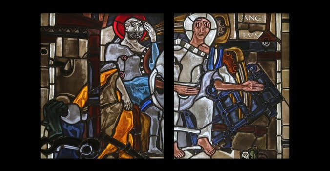 Scenes from the life of St. Peter, stained glass window in the parish church of St. Peter and Paul in Oberstaufen, Germany