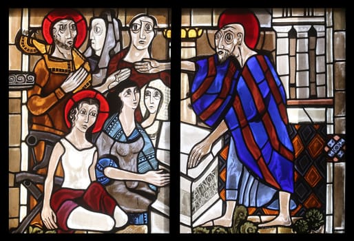 Scenes from the life of St. Paul, stained glass window in the parish church of St. Peter and Paul in Oberstaufen, Germany